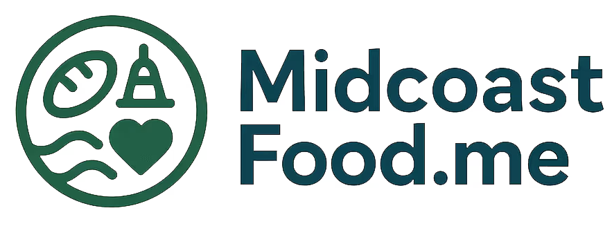 The Midcoast Food logo, which is a simplified illustration of a circle containing a loaf of bread, a lighthouse, a wave, and a heart alongside the website name 'MicoastFood.me'.