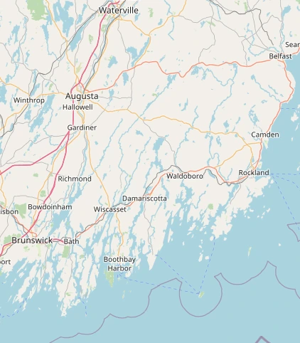 A map depicting the geographic region of midocast Maine, which spans Brunswick, Rockland, Augusta, and Belfast